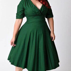 Unique Vintage XL Emerald Green Delores Swing Dress with Sleeves BNWT